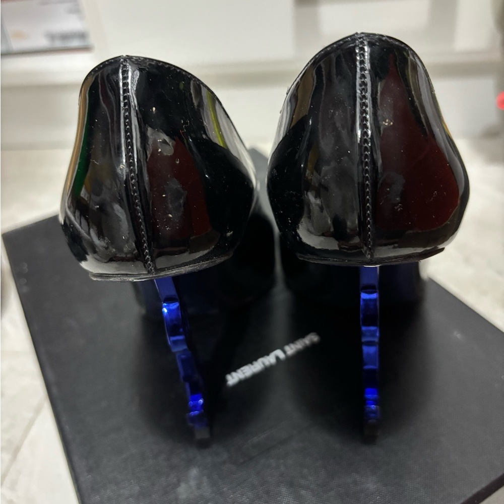 Saint Laurent Black Patent Leather Pumps with Blue YSL Logo Heel - Picture 7 of 8